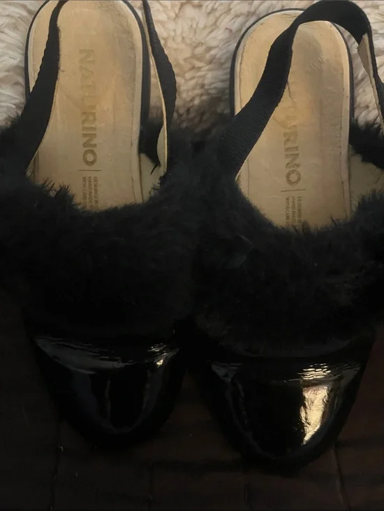 Naturino Black Patent Faux Fur Slingback Mules