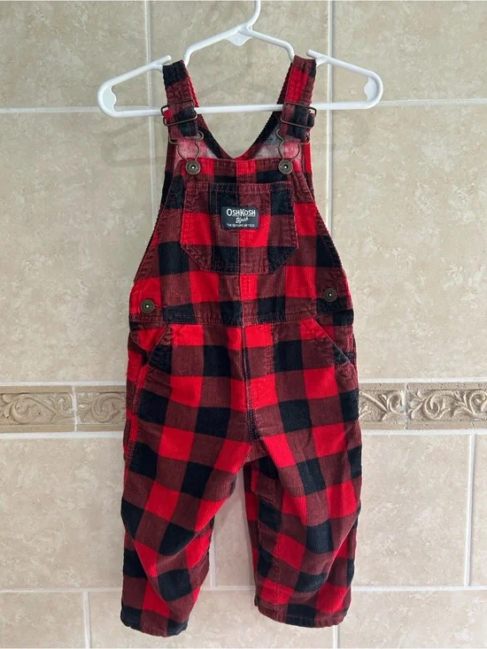 OshKosh Red and black buffalo check corduroy overalls