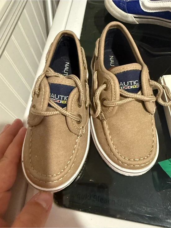 Nautica Kids Tan Canvas Boat Shoes with Navy Tongue Accents