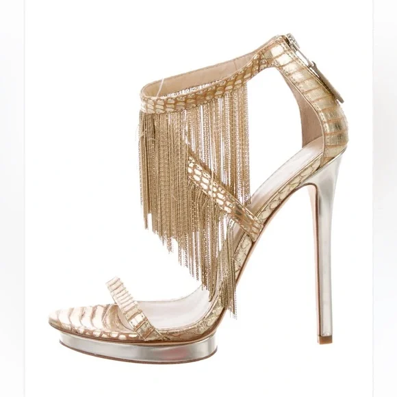 Brian Atwood Gold Fringe Sexy Heels Holiday Party‎ Christmas New Year shoes 7