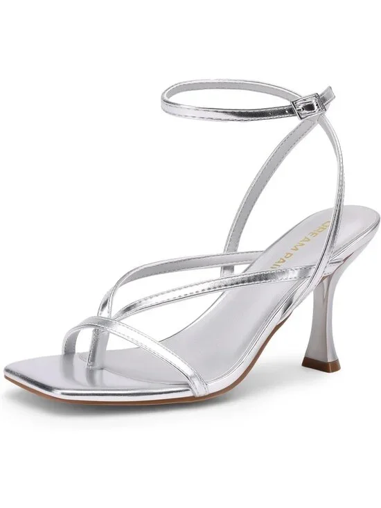 Women's Silver Faux Leather Square Open Toe Flip Flop Ankle Strap High Heels