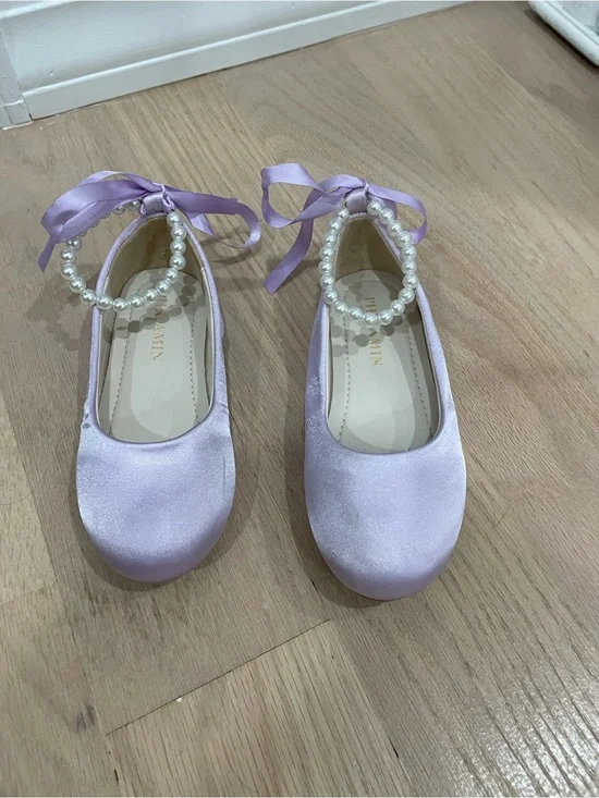 Toddler Girls Purple Satin Pearl-Ankle Ballet Flats