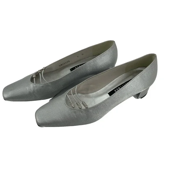 Stuart Weitzman Satin‎ Shoes Women's 7 N Silver Matte Prom Block Heel *READ