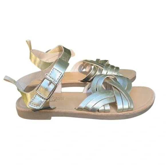 Oshkosh kids flat sandals with velcro ankle strap, Dolores,metallic gold,size 13