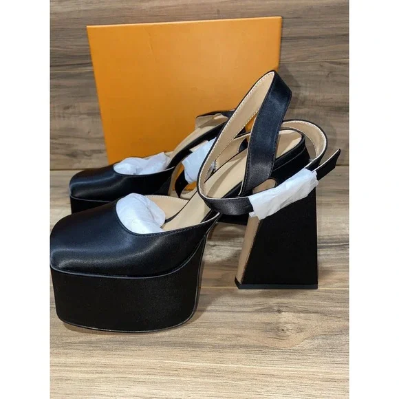 Women Platform‎ Chunky Sling back Satin Heels, Sz 8