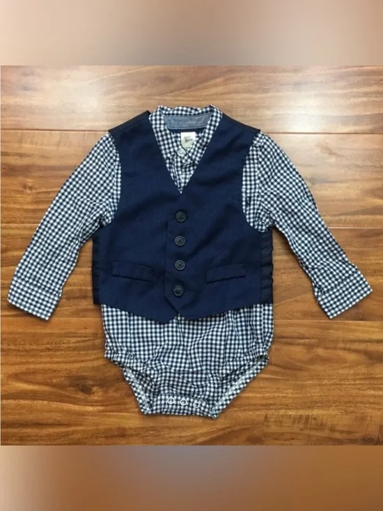 3/$25 Baby OshGosh Boy Navy Gingham Button Shirt Onesie Vest Size 18M Preppy