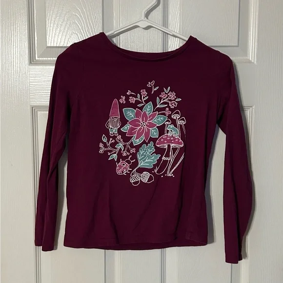 Burgundy Long‎ Sleeve Shirt with Floral, Gnome and Mushroom Design