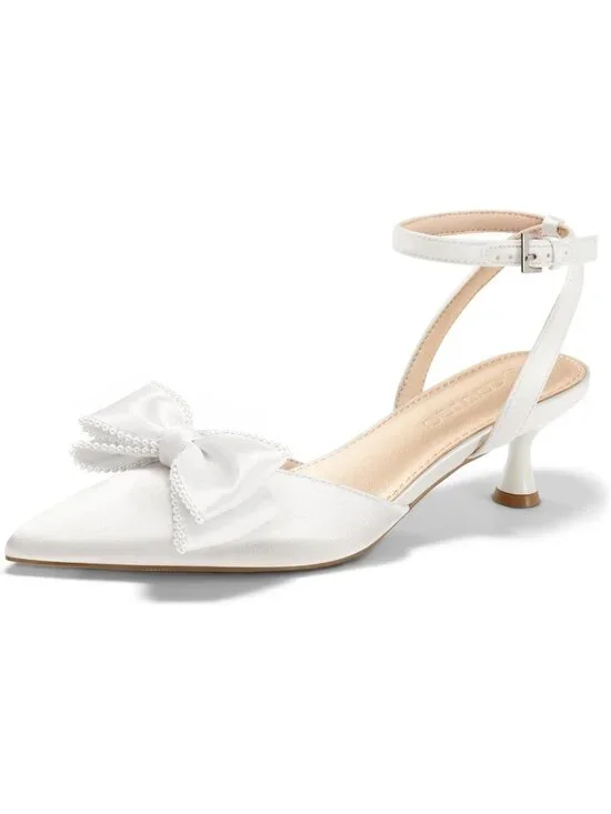 Women's White Satin Kitten Low Heels Bow Pearl Closed Pointed Toe Ankle Strap