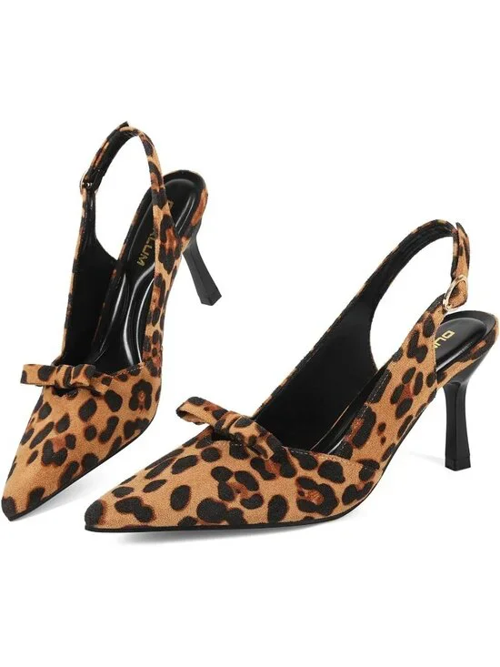 Women's Leopard Comfortable Slingback Closed Pointed Toe 3 inch Kitten Heel Pump