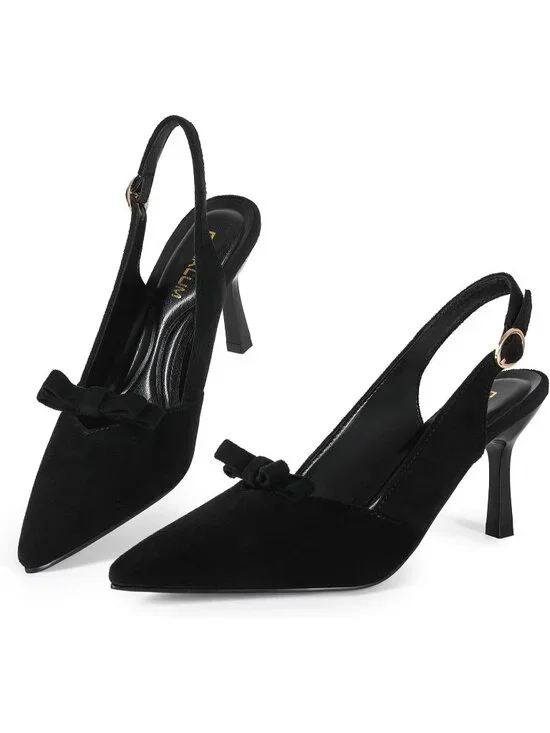 Women's Black Comfortable Slingback Closed Pointed Toe 3 inch Kitten Heels Pumps