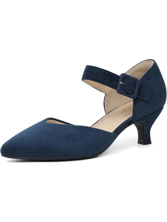 Women's Navy Closed Pointed Toe Ankle Strap Buckle Heels Slip on Low Heel Shoes