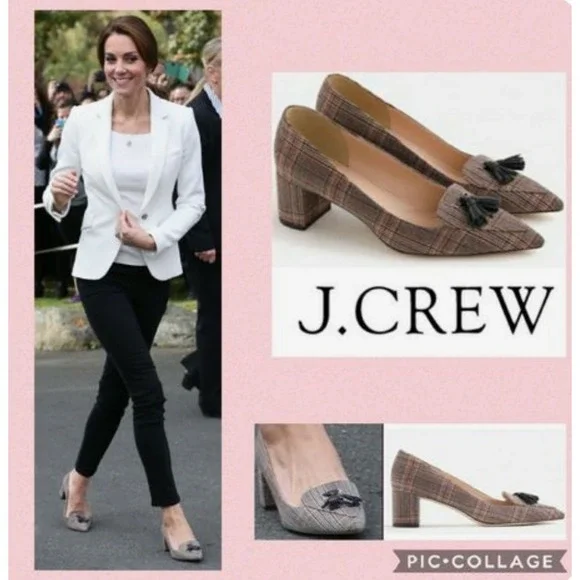 J.Crew Avery Women Italy‎ Plaid Tweed Tassel Block Heel Pumps Kate Middleton 7.5