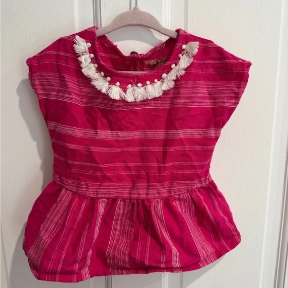 Genuine Kids by Osh Kosh Girls Pink & White Short Sleeve Top  Blouse w Tassels