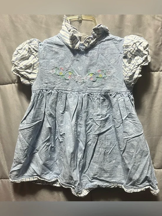 Vintage OshKosh B’Gosh 3T Blue Floral Embroidered Puff Sleeve Dress Cottagecore