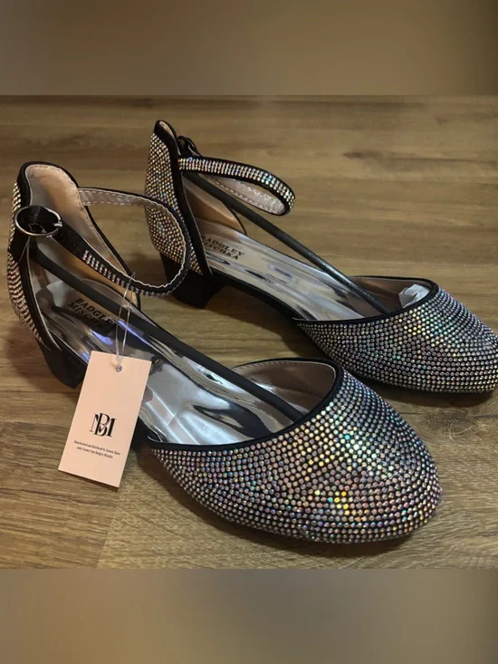 Badgley Mischka Iridescent Crystal Flats with Black Trim and Ankle Strap