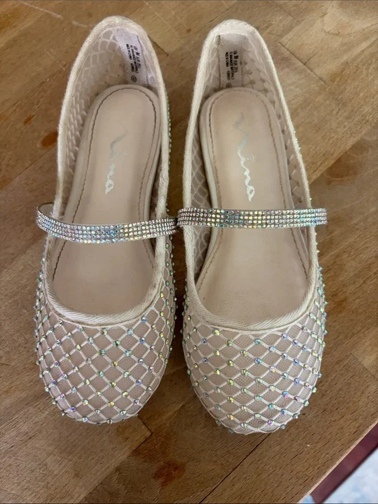 Crystal-Embellished Beige Mary Jane Flats