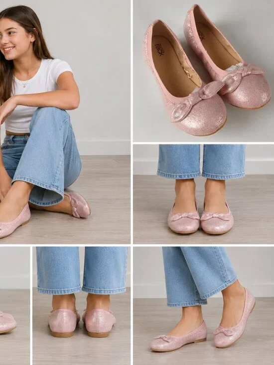 Nordstrom Rack Girls Ballet Flats Pink Shimmer Bow Slip On Shoes Size 5 Youth