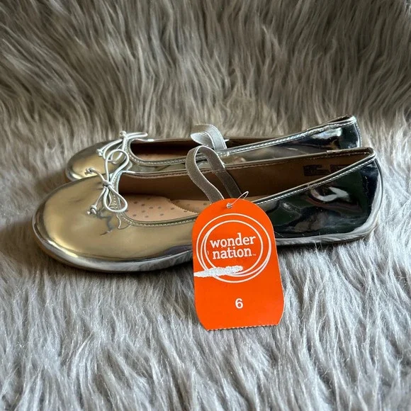Wonder Nation Bow Ballet Flats Big Girls Size 6 Silver Slip On Mary Jane Shoes