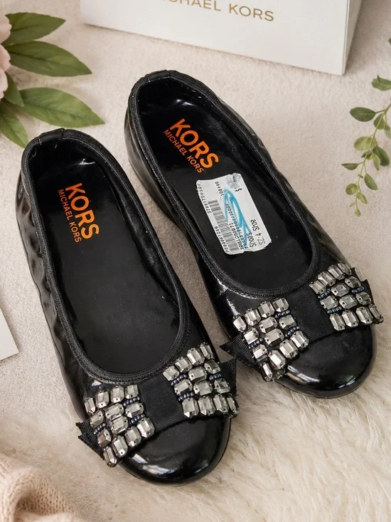 Michael Kors Girls Clove Black Patent Ballet Flats Crystal Bow Size 4