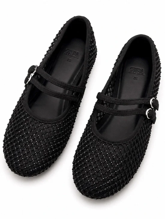 Zara Black Beaded Double-Strap Mary Jane Flats