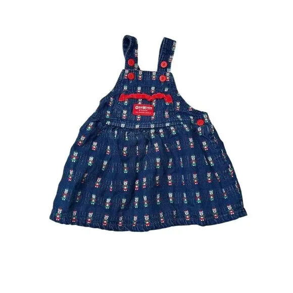 Vintage OshKosh B’Gosh Overall Dress Denim Bear Vestback Made In USA 100% cotton