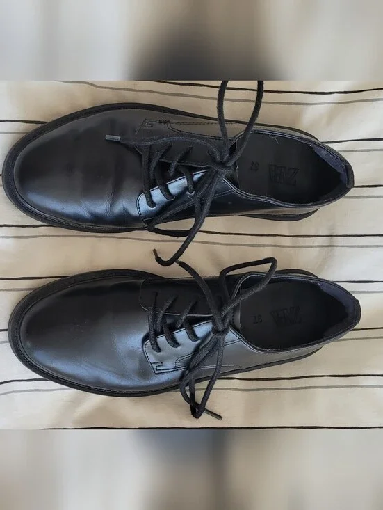 Zara Black Leather  Boys Lace-Up Dress Oxfords Size 37 EU/5 US
