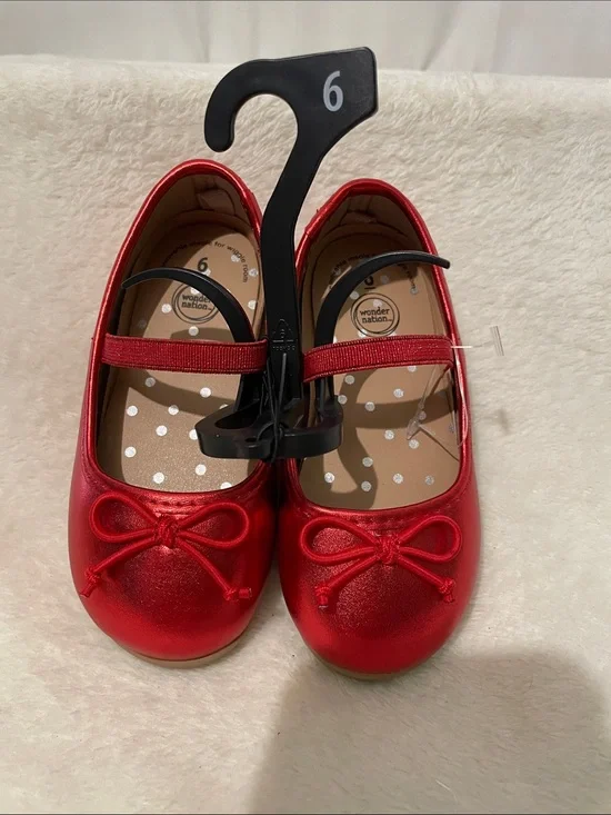 wonder nation Shiny Red Girls' Mary Jane Flats with Bow