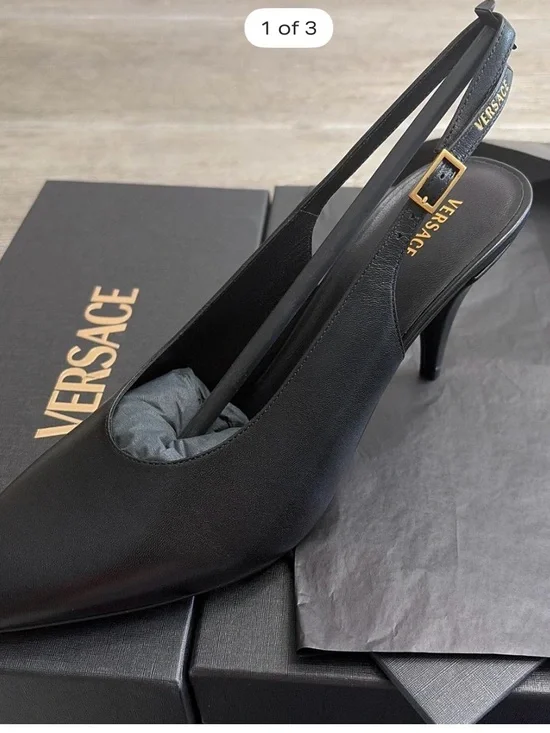 Versace Black Leather Slingback Heels with Gold Buckle