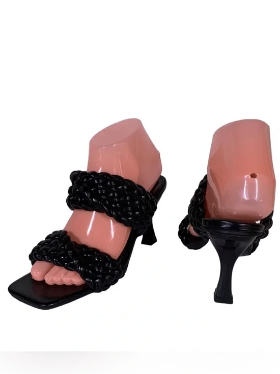 WSKEISP BLACK FAUX LEATHER BRAIDED STRAPS SQUARE HEEL MULES (38)