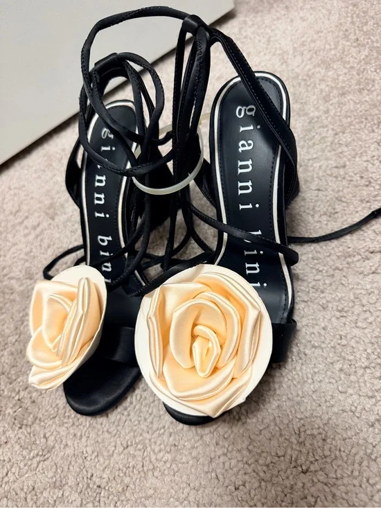 Gianni Bini Black Lace-Up Heels with Cream Rose Accents