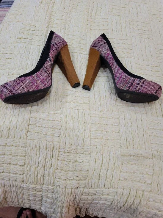 Jessica Simpson Pink Tweed Platform Pumps with Black Trim and Brown Block Heel