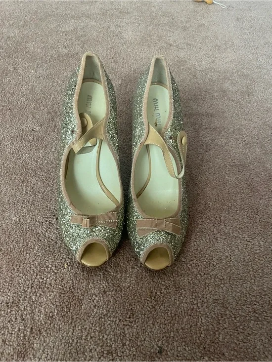 Miu Miu Glitter Peep-Toe Mary Jane Women's Shoes - Gold
