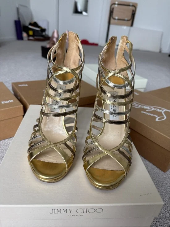 Jimmy Choo Metallic Gold Strappy Cage High Heels