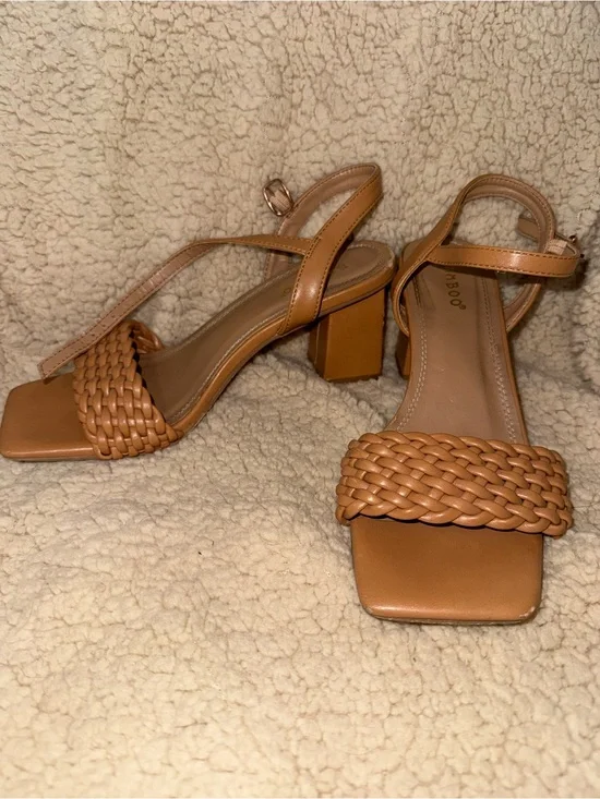 Bamboo Braided Strap Tan Block Heel Sandals - Women's