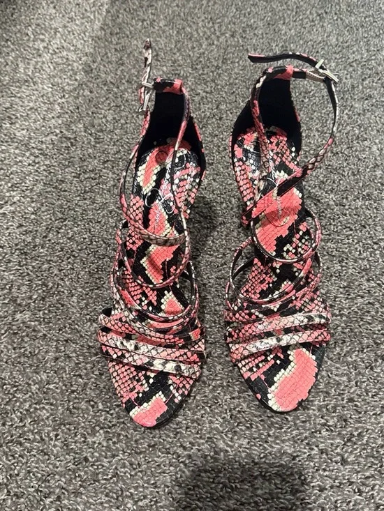 Jessica Simpson Pink & Black Snake-Print Strappy Stilettos