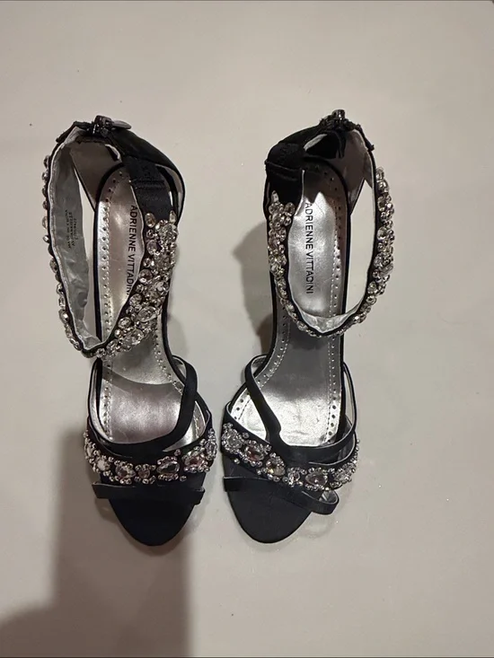 Adrienne Vittadini Black Jeweled Ankle-Strap Heels