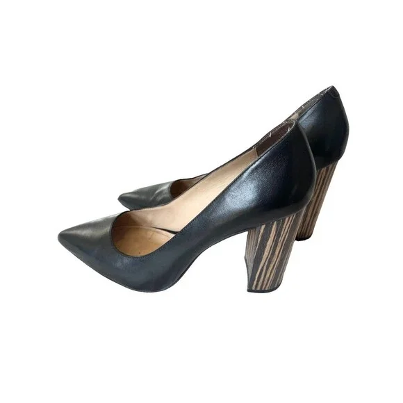 Pour La Victoire Shoes Size 10 Leather Pump Black Pointed Toe Wood Block Heels
