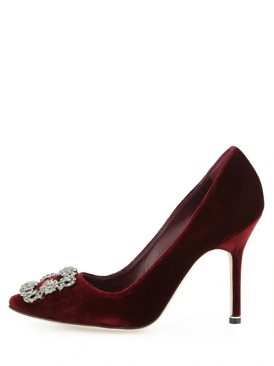Manolo Blahnik Hangisi Burgundy Velvet Crystal-Embellished Stiletto Pump 38