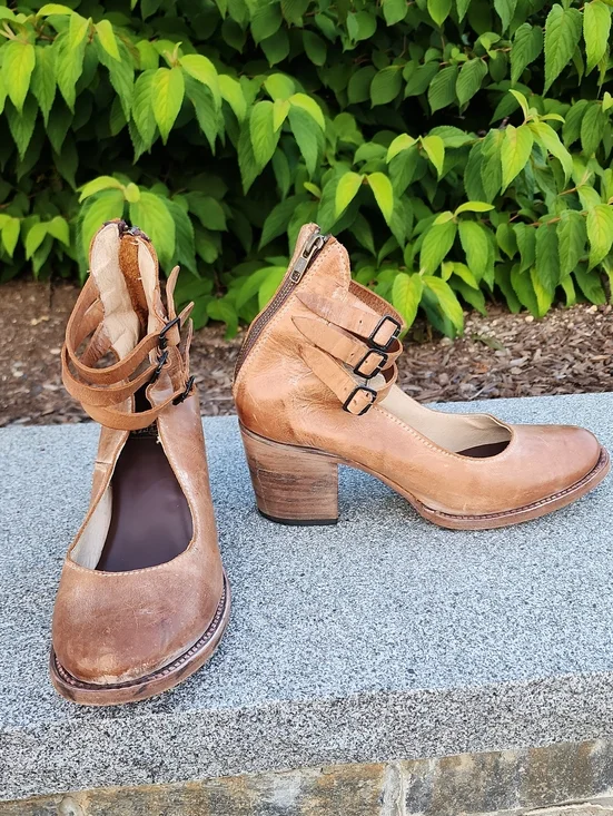 Freebird By Steven Randi Tan  Leather Block Closed Toe Pumps Triple Ankle Straps