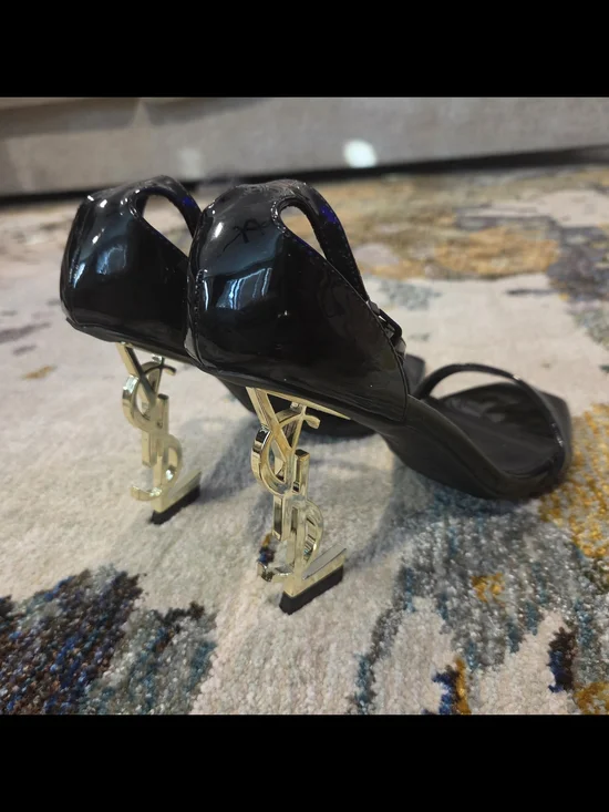 Yves Saint Laurent Black Patent Sandals w/Gold YSL Heels