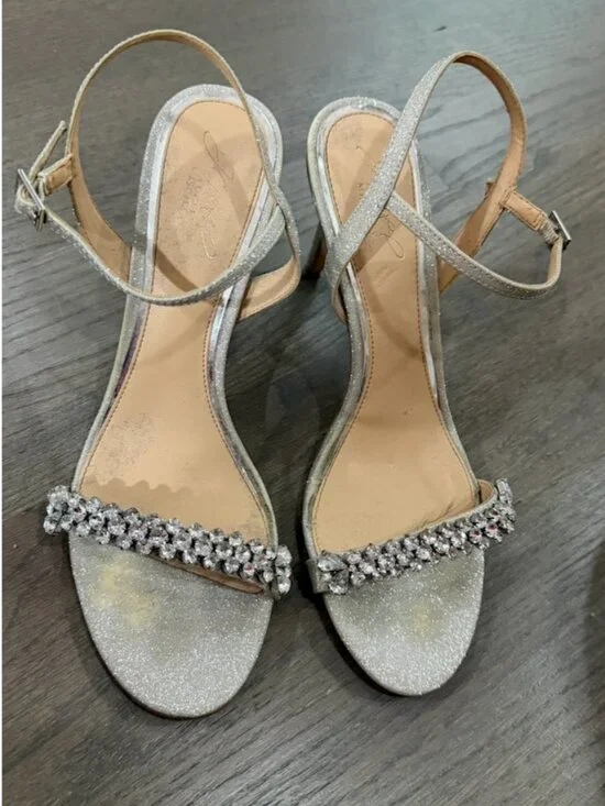 Jewel Badgley Mischka Silver Glitter Rhinestone Ankle Strap Heels Size 9