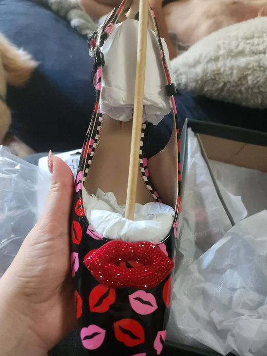 Betsey Johnson Black Patent Kiss Print Heels with Red Lip Accent