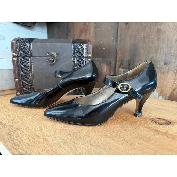 Vintage Dolcis London Maggie Black Patent Mary Jane Heels Pumps Leather 6.5M