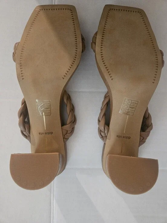 Dolce Vita Paily Cafe Stella Braided-Strap Slide Sandals in Tan With Block Heel