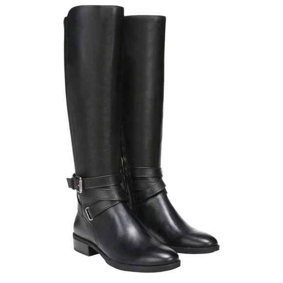 Sam Edelman Wide Calf Black Leather Buckle Tall Boots Women US 9.5  Riding Boots