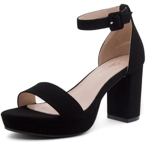 Women's Black Chunky Block Ankle Strap Stylish Comfortable Open Toe Strappy Heel