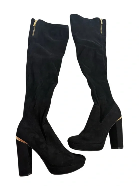 Guess Black Over-the-Knee Platform Block Heel Boots with Gold Trim Size 6