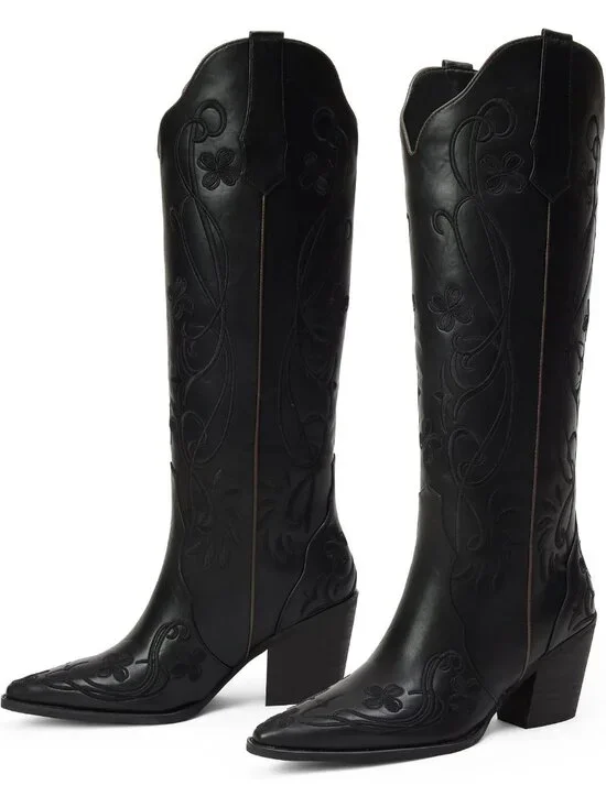 Women's Black pu Knee High Floral Embroidered Vintage Cowgirl Boots