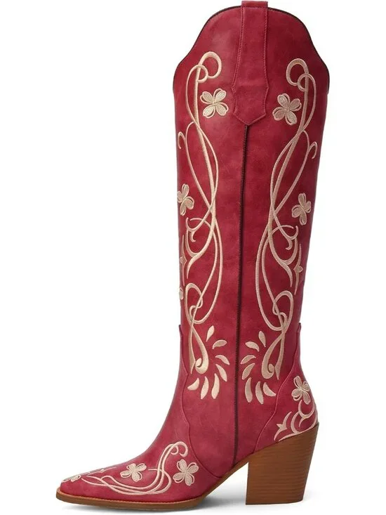 Women's Red pu Knee High Floral Embroidered Vintage Cowgirl Boots