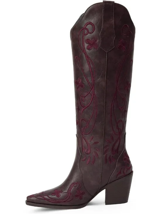 Women's Dark Purple pu Knee High Floral Embroidered Vintage Cowgirl Boots